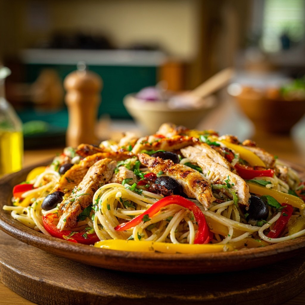 Mediterraner Nudelsalat Mit Hähnchenstreifen