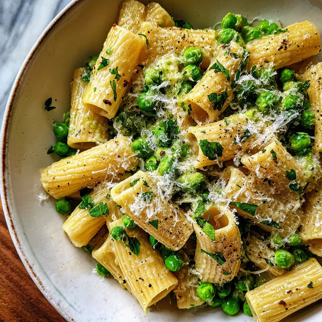 Rigatoni mit Erbsen und Parmesan